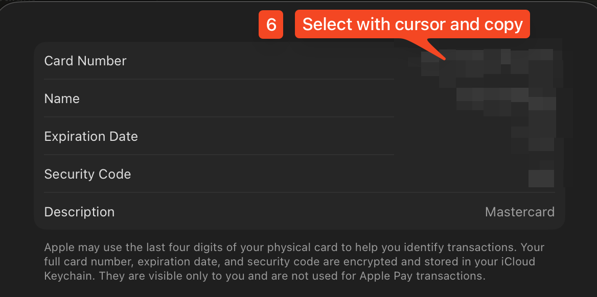 Manually selecting and copying credit card details