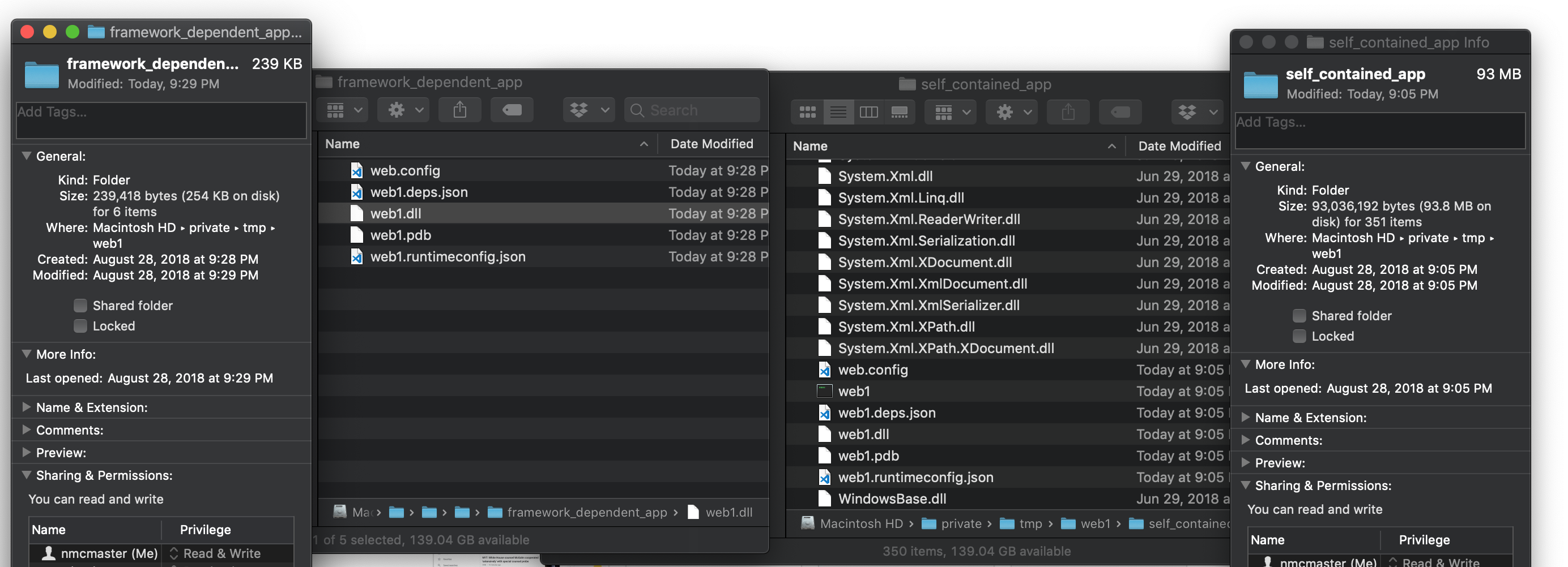 Screenshot comparing file size of framework dependent and self-contained